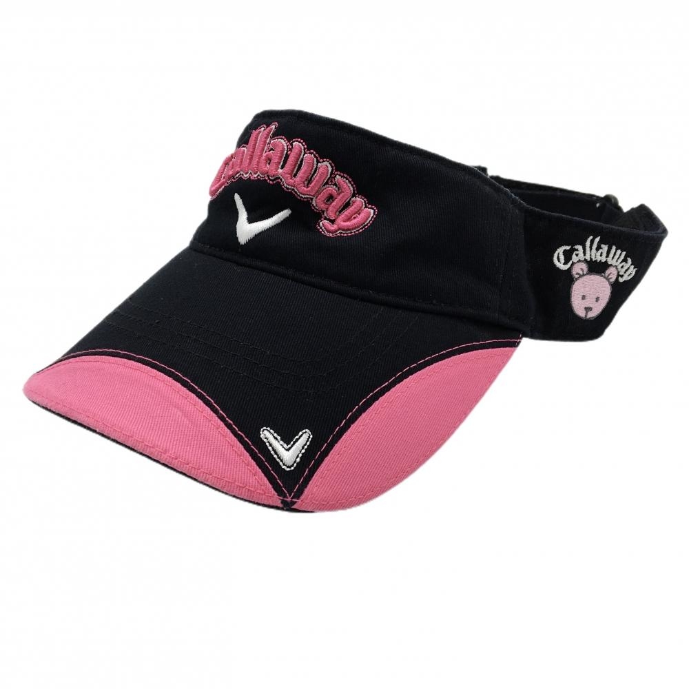【美品】キャロウェイ サンバイザー 黒×ピンク ベア 綿100％ 立体ロゴ レディース フリー ゴルフウェア Callaway