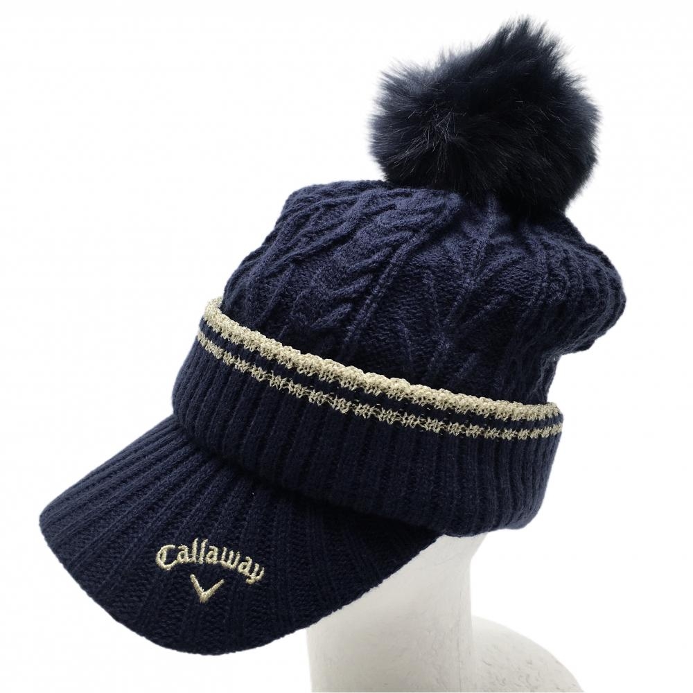 【超美品】キャロウェイ つば付ニット帽 ネイビー×ゴールド ケーブル編み ボンボンファー レディース FR ゴルフウェア Callaway