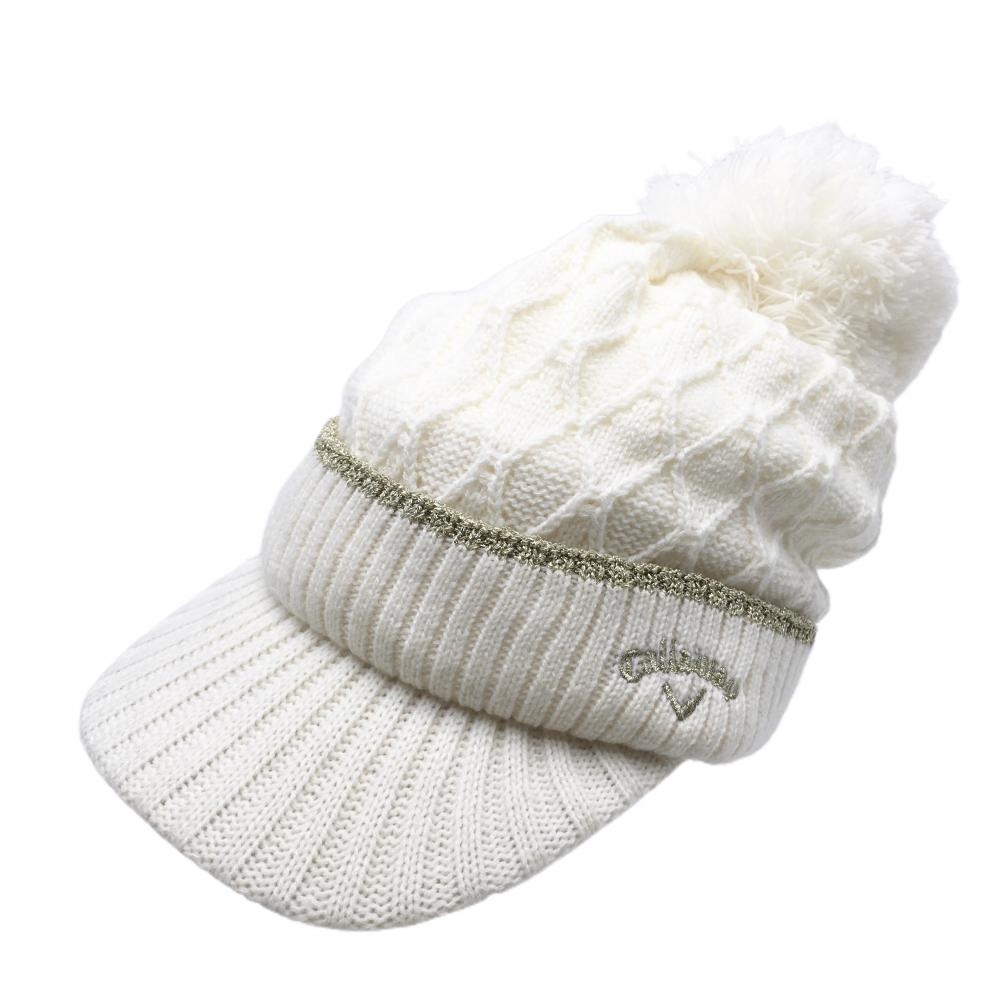 【超美品】キャロウェイ つば付ニット帽 白×ゴールド ボンボン付 レディース FR ゴルフウェア Callaway