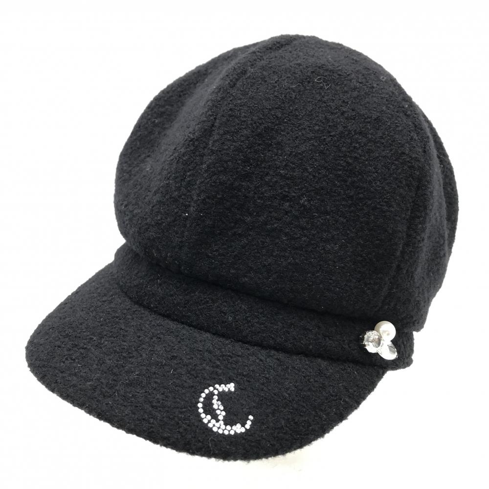 【美品】キャロウェイ キャスケット 黒 ウール混 起毛素材 後ろ一部ゴム ラインストーンロゴ レディース FR ゴルフウェア Callaway