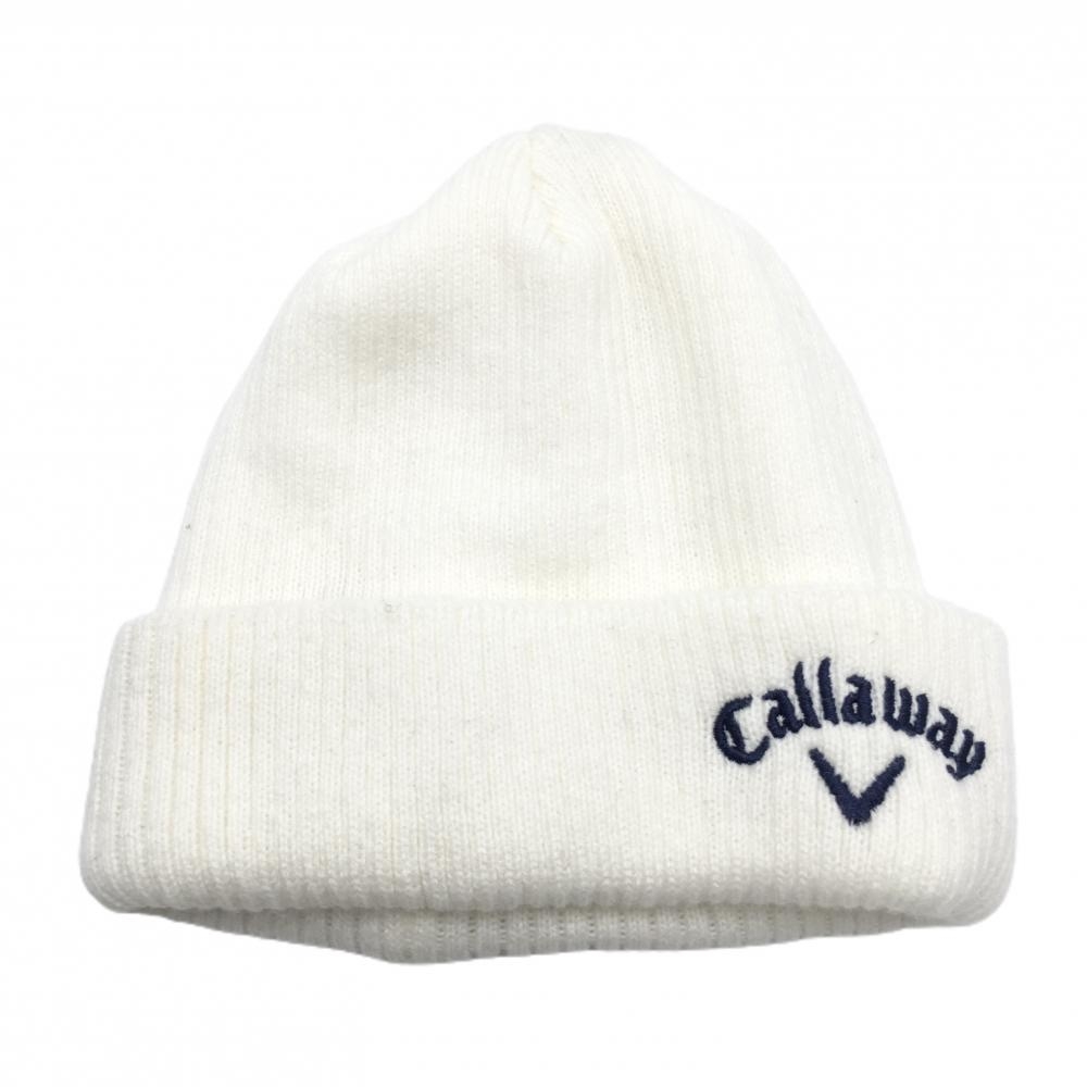 【超美品】キャロウェイ ニット帽 白×ネイビー アクリル100％ ロゴ刺しゅう レディース FR ゴルフウェア Callaway