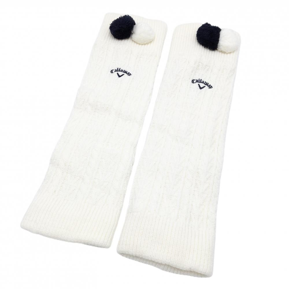 【美品】キャロウェイ ニットレッグウォーマー 白×ネイビー ケーブル編み 裏起毛 ポンポン付 レディース  ゴルフウェア Callaway