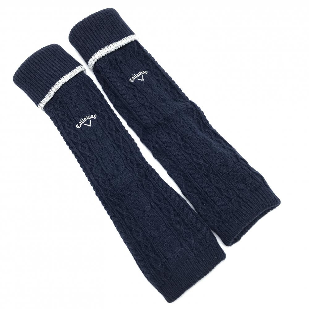 【美品】キャロウェイ ニットレッグウォーマー ネイビー×シルバー 裏フリース レディース  ゴルフウェア Callaway