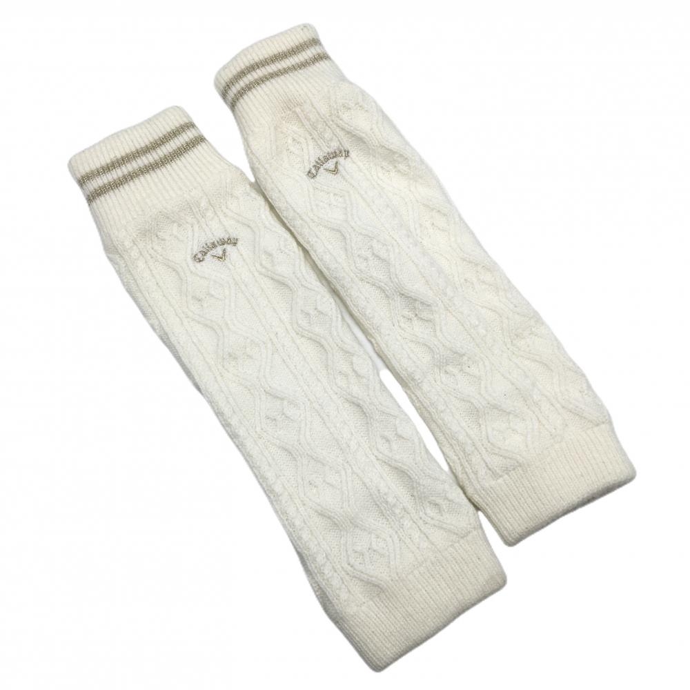 【美品】キャロウェイ ニットレッグウォーマー 白×ゴールド系 ケーブル編み 裏フリース  レディース  ゴルフウェア Callaway