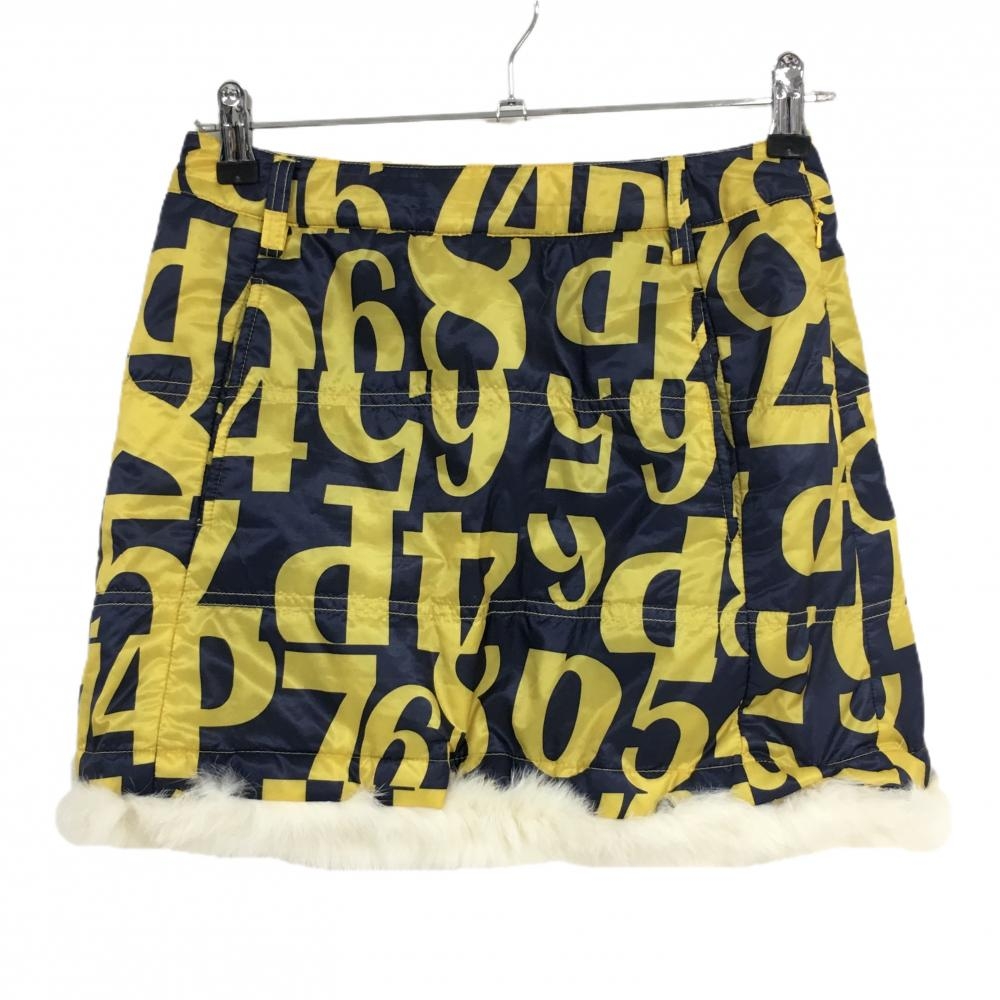 【超美品】キャロウェイ 中綿スカート ネイビー×イエロー 数字柄 薄手 ファー着脱可 レディース S ゴルフウェア Callaway