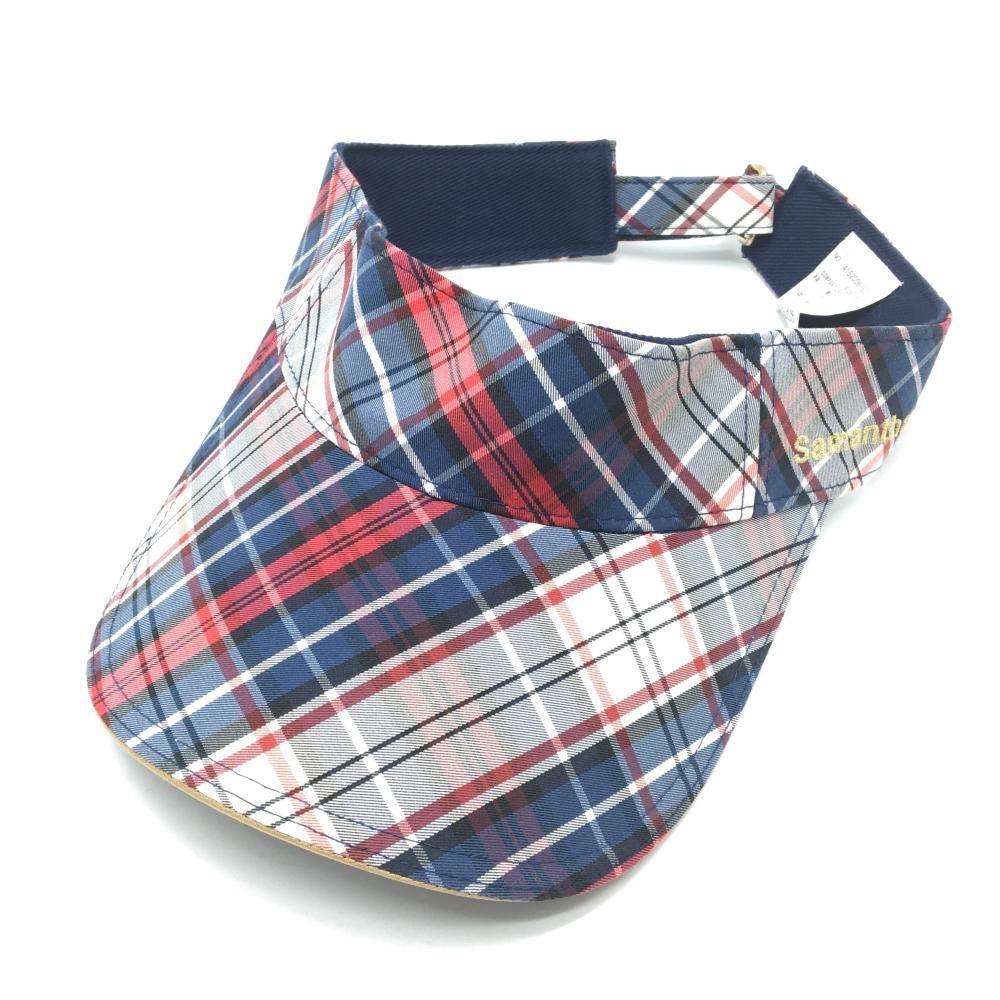 【美品】サマンサタバサNo.7 サンバイザー ネイビー×白×レッド チェック ロゴ刺しゅう レディース F ゴルフウェア Samantha Thavasa