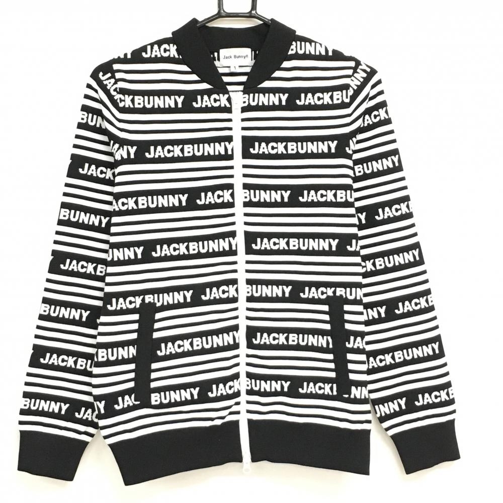 【美品】ジャックバニー ニットブルゾン 白×黒 ボーダー ロゴライン レディース 1(M) ゴルフウェア Jack Bunny