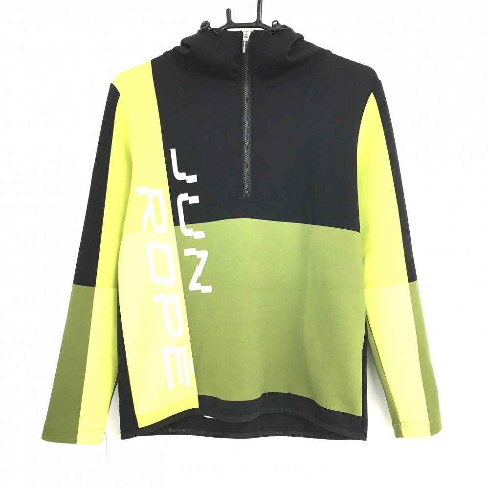 【超美品】ジュンアンドロペ フード付ブルゾン 黒×ダークグリーン×イエロー系 ハーフジップ レディース S ゴルフウェア JUN＆ROPE