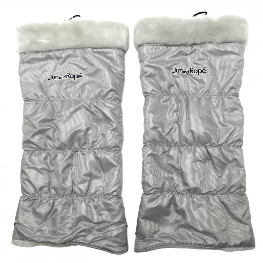 【超美品】ジュンアンドロペ レッグウォーマー ライトグレー 細ストライプ 裏地ファー ロゴネイビー レディース  ゴルフウェア JUN＆ROPE