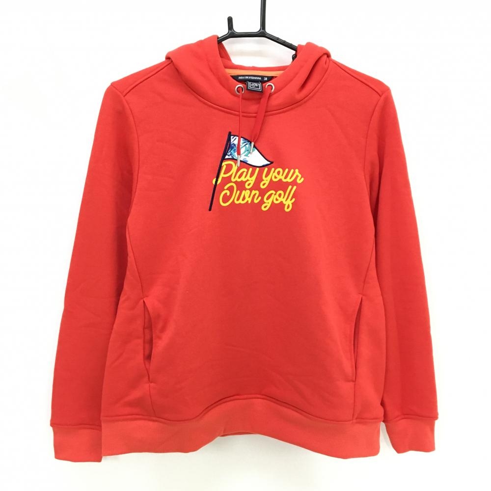 【美品】ゾーイ フード付きトレーナー オレンジレッド 腹部ポケット レディース 38(M) ゴルフウェア ZOY