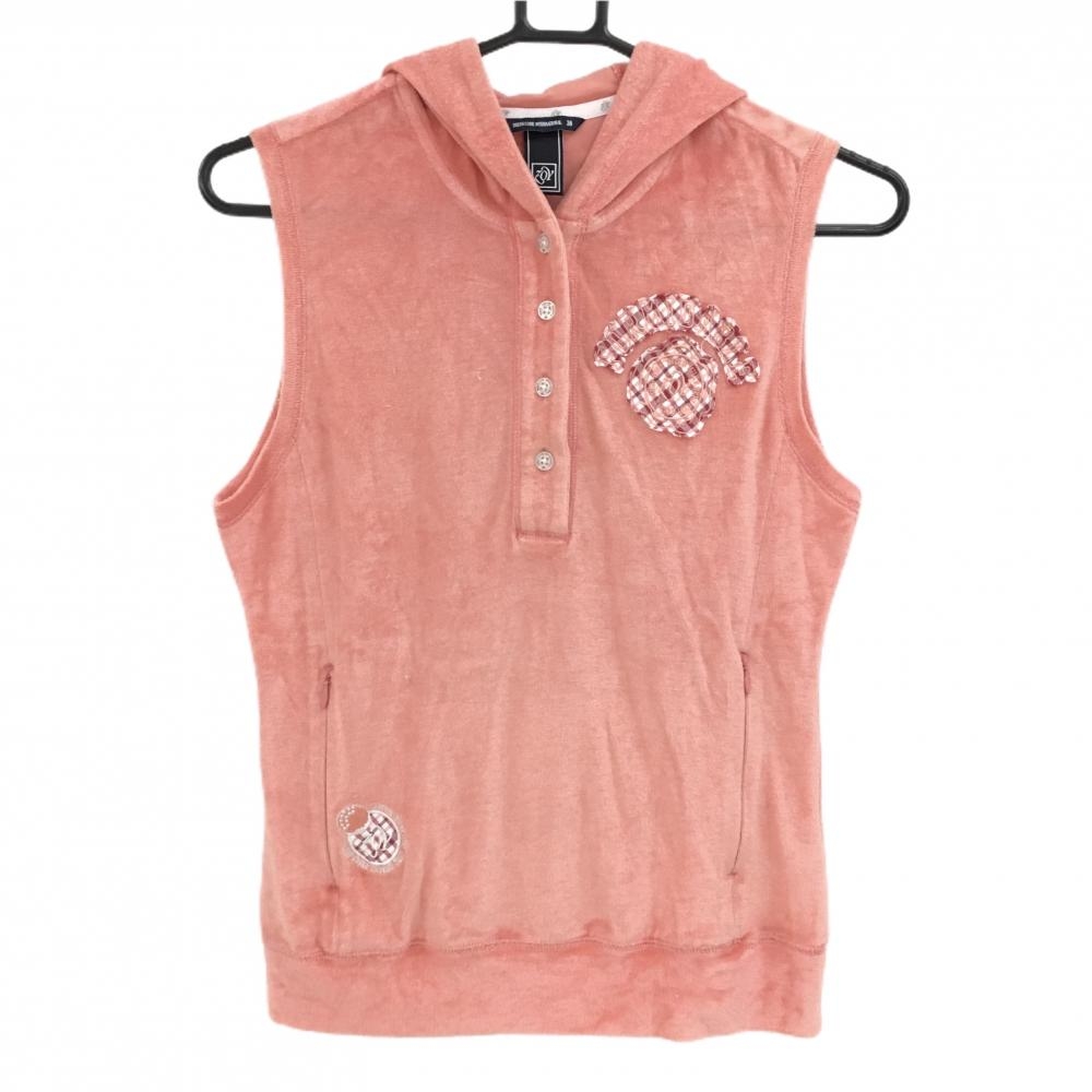 【美品】ゾーイ フード付きベスト サーモンピンク系×白 パイル地調 ボタン 胸ロゴ レディース 38(M) ゴルフウェア ZOY