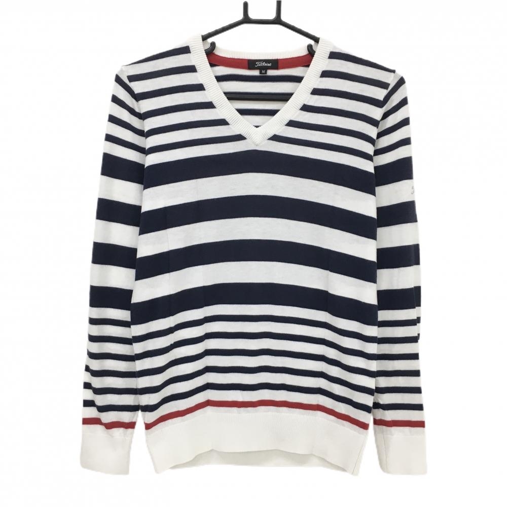 タイトリスト セーター 白×ネイビー ボーダー ニット Vネック レディース M ゴルフウェア TITLEIST