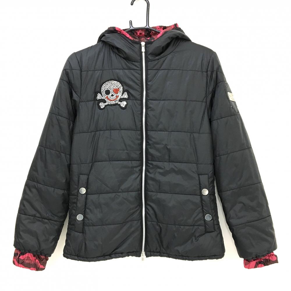 【超美品】ダンスウィズドラゴン 中綿ジャケット 黒×ピンク系 ロゴラインストーン レディース 3(L) ゴルフウェア Dance With Dragon