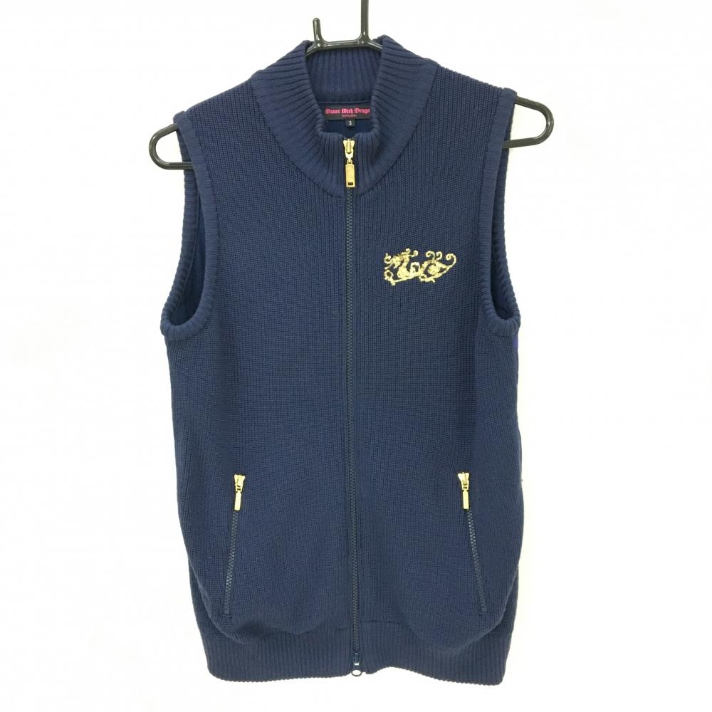 【超美品】ダンスウィズドラゴン 中綿ニットベスト ネイビー 背面総柄 ペイズリー  レディース 3(L) ゴルフウェア Dance With Dragon