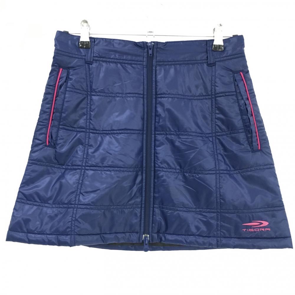 【美品】ティゴラ 中綿スカート ネイビー×ピンク ロゴ刺しゅう フロントジップ  レディース L ゴルフウェア TIGORA