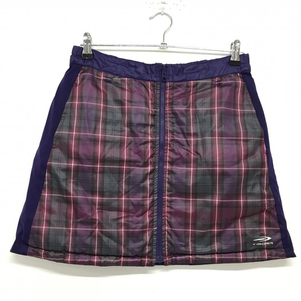【美品】ティゴラ 中綿リバーシブルスカート パープル×ピンク チェック ロゴ白 裏パープル レディース L ゴルフウェア TIGORA