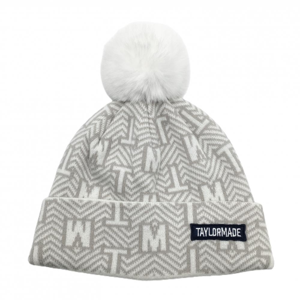 【超美品】テーラーメイド ニット帽 ライトグレー×白 英字総柄  レディース フリー(55-57cm) ゴルフウェア 2023年モデル TaylorMade