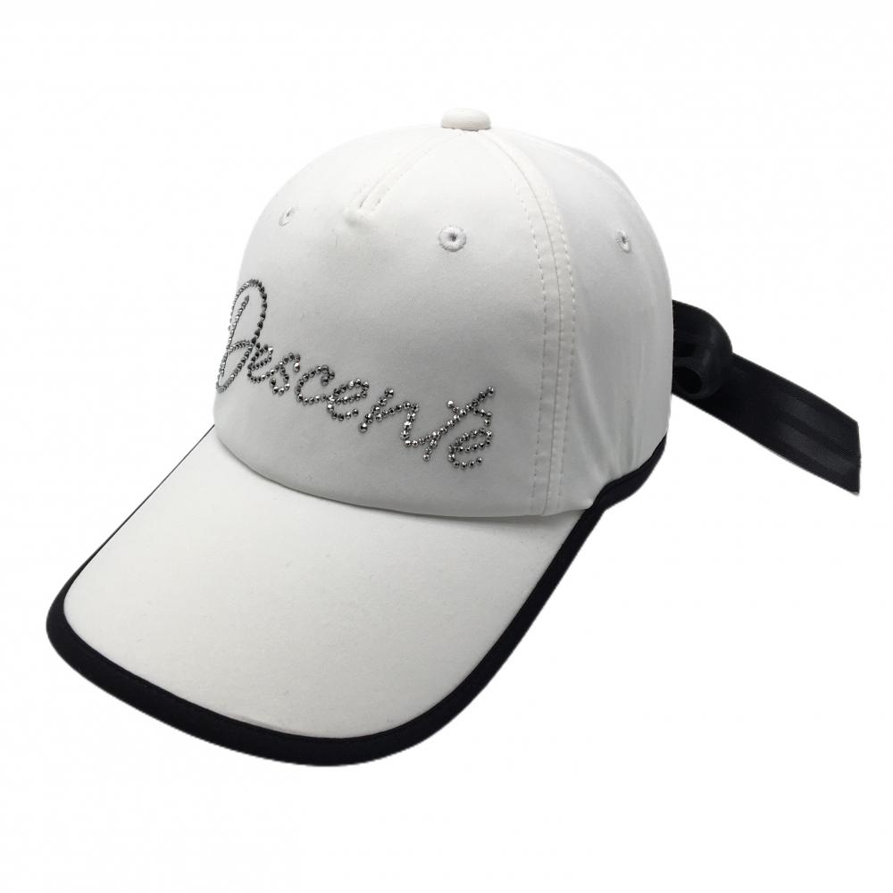 【美品】デサントゴルフ LUXE COLLECTION キャップ 白×黒 リボン スワロフスキー 中田英寿  レディース F(55-57cm) ゴルフウェア DESCENTE