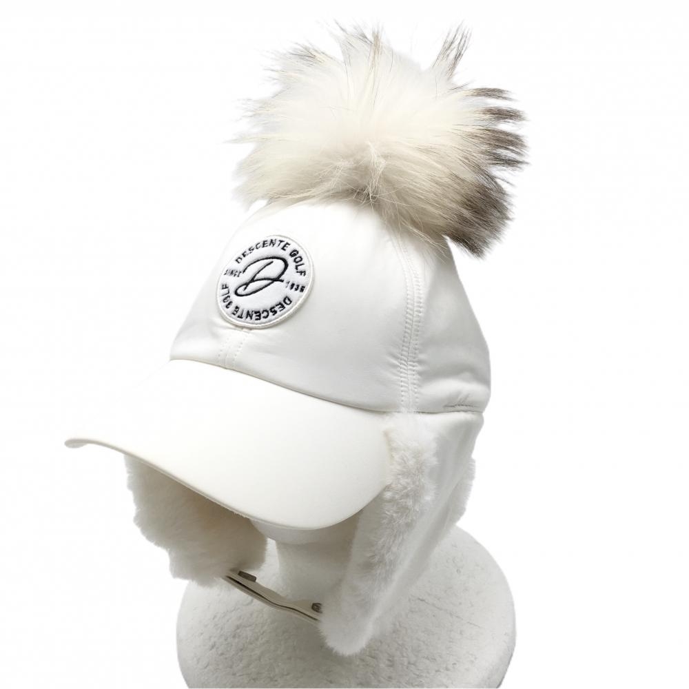 【美品】デサントゴルフ 耳当て付きキャップ 白 ボンボン取外し可 裏微起毛 韓国モデル 中田英寿  レディース FR ゴルフウェア DESCENTE