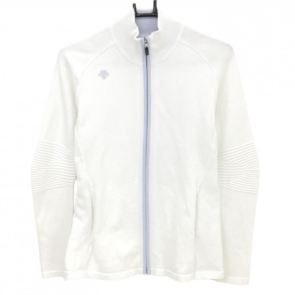 デサントゴルフ ニットジャケット 白×ライトブルー 肩ロゴ 中田英寿  レディース L ゴルフウェア DESCENTE