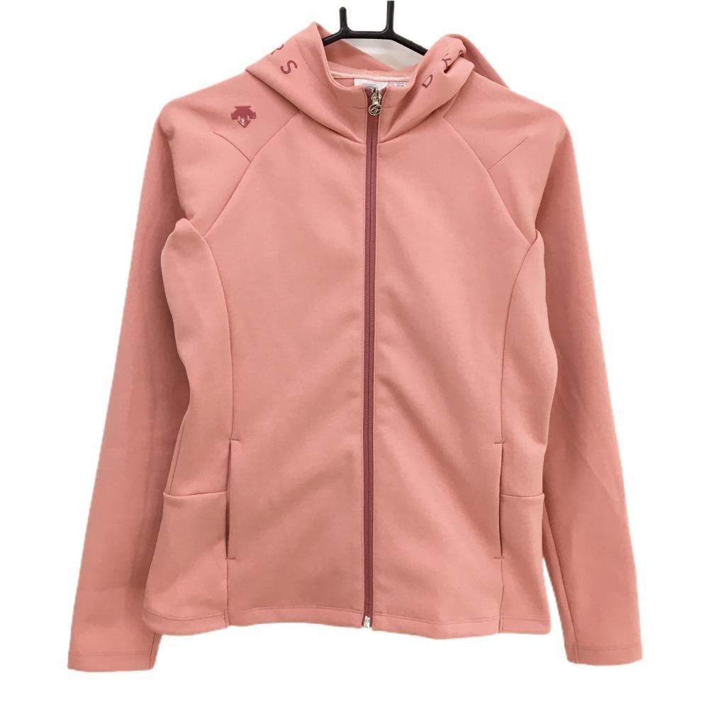 【美品】デサントゴルフ ジップパーカー サーモンピンク 肩・フードロゴ 中田英寿 レディース L ゴルフウェア DESCENTE