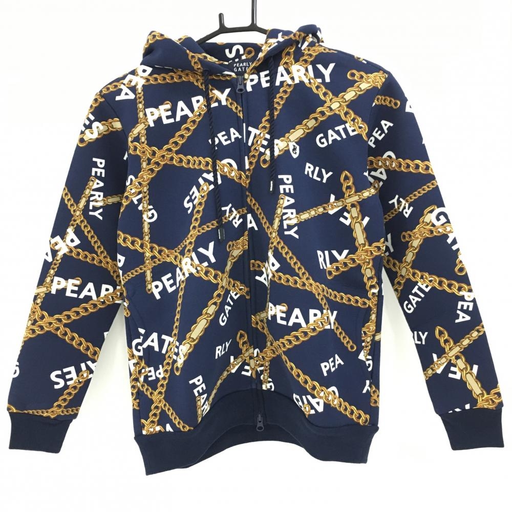 【新品】パーリーゲイツ ジップパーカー ネイビー×ゴールド チェーン柄 ロゴ刺しゅう  レディース 0(S) ゴルフウェア PEARLY GATES