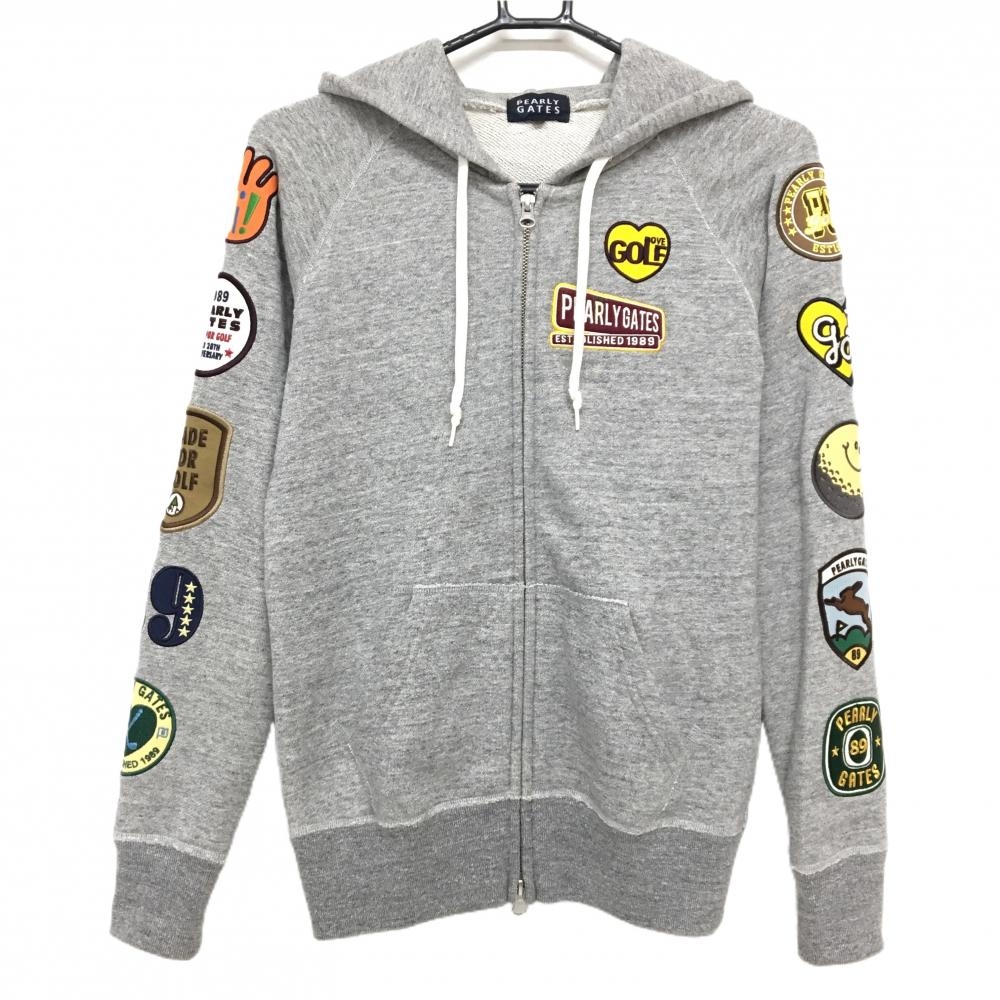 【美品】パーリーゲイツ ジップパーカー 杢グレー ワッペン ジャケット レディース 1(M) ゴルフウェア PEARLY GATES