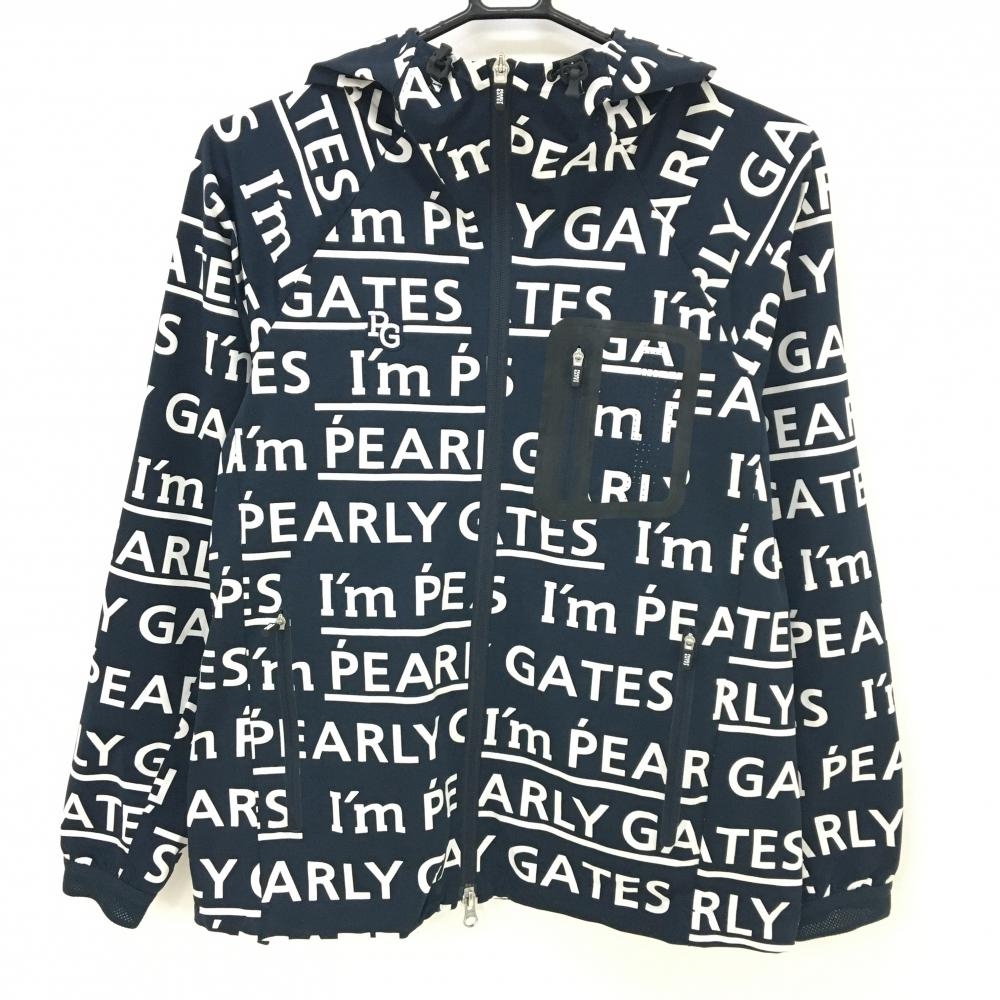 超美品】パーリーゲイツ ジップパーカー ネイビー×白 ロゴ総柄 一部