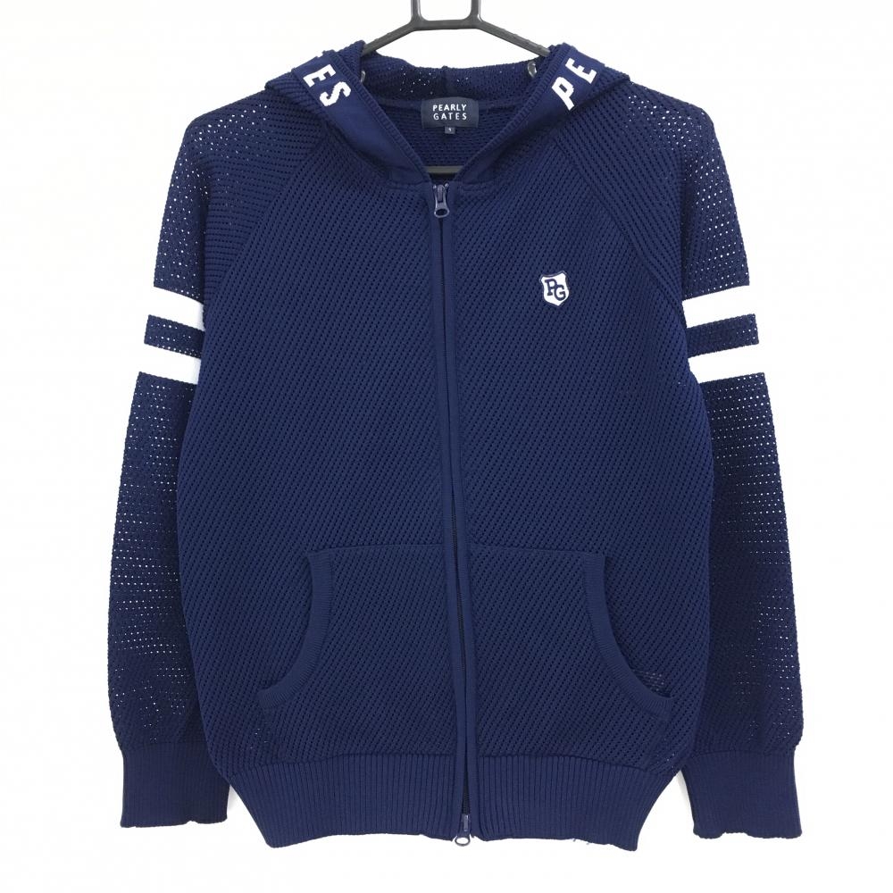 美品】パーリーゲイツ メッシュジップパーカー ネイビー×白 袖ライン
