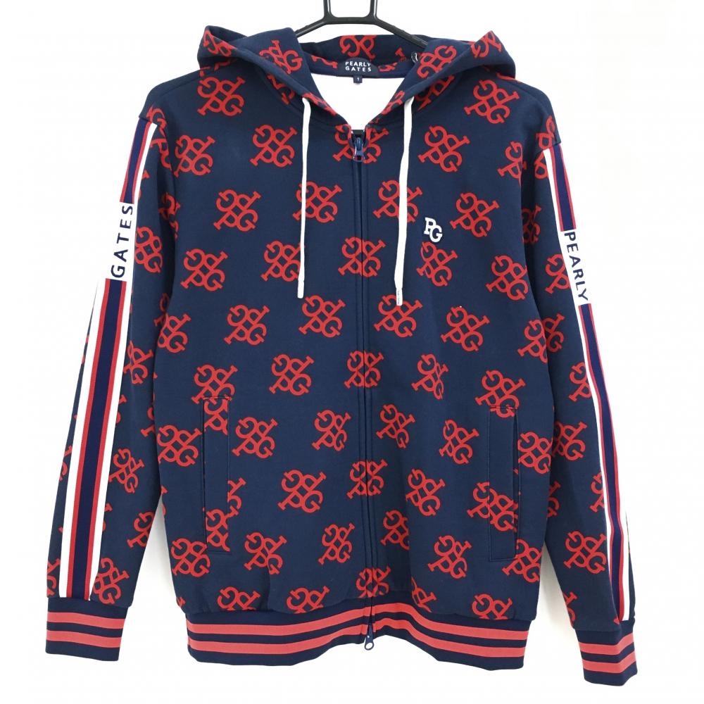 【美品】パーリーゲイツ ジップパーカー ネイビー×レッド ロゴ総柄 袖ライン レディース 1(M) ゴルフウェア PEARLY GATES