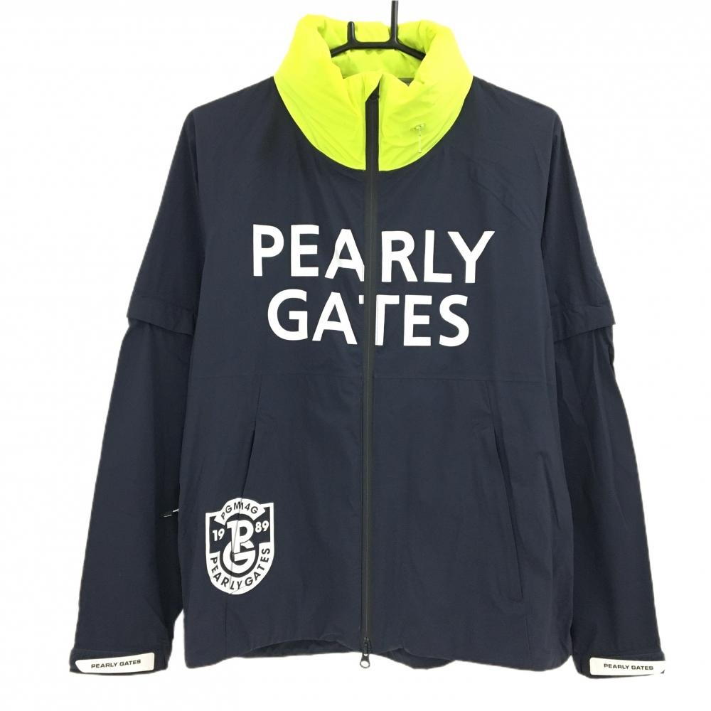 パーリーゲイツ 2WAYジャケット ネイビー×蛍光イエロー フード収納可 袖着脱可 ナイロン100%  レディース 1(M) ゴルフウェア PEARLY GATES