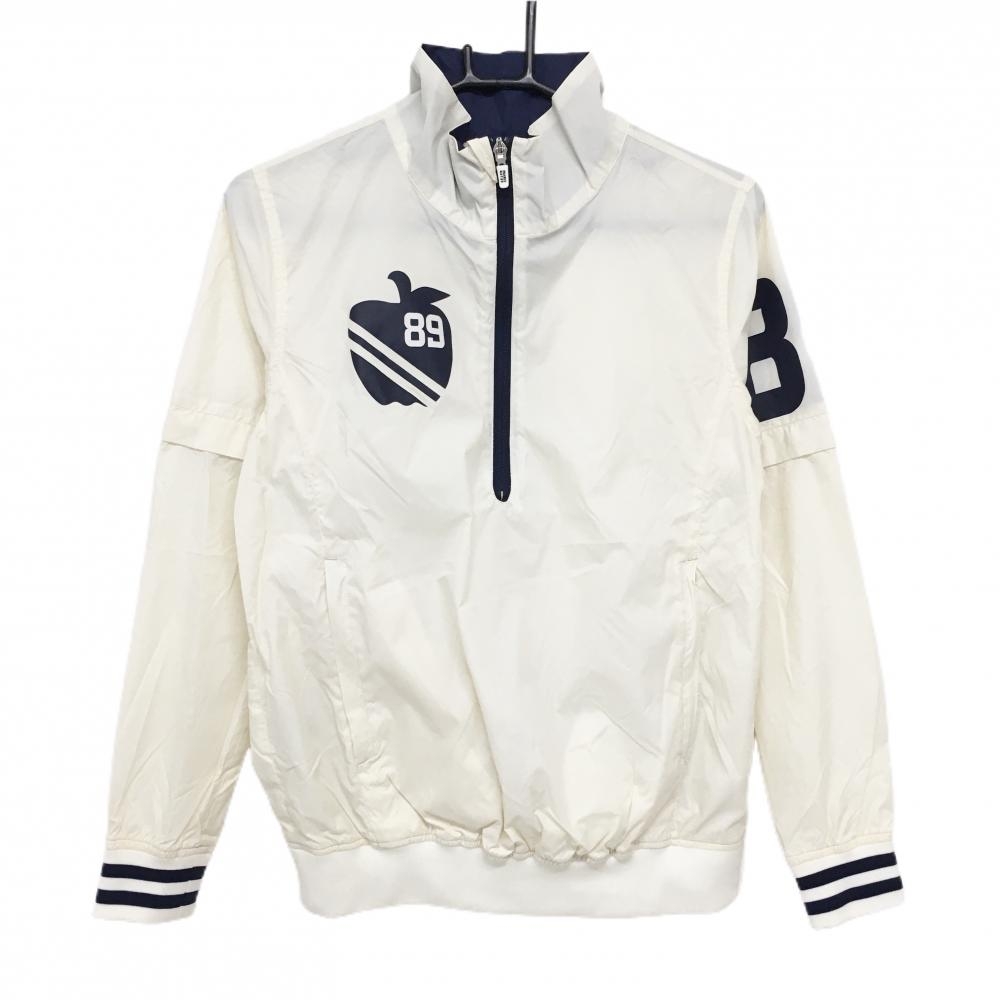 【美品】パーリーゲイツ 2WAYブルゾン 白×ネイビー アップル ハーフジップ 袖着脱可 レディース 0(S) ゴルフウェア PEARLY GATES