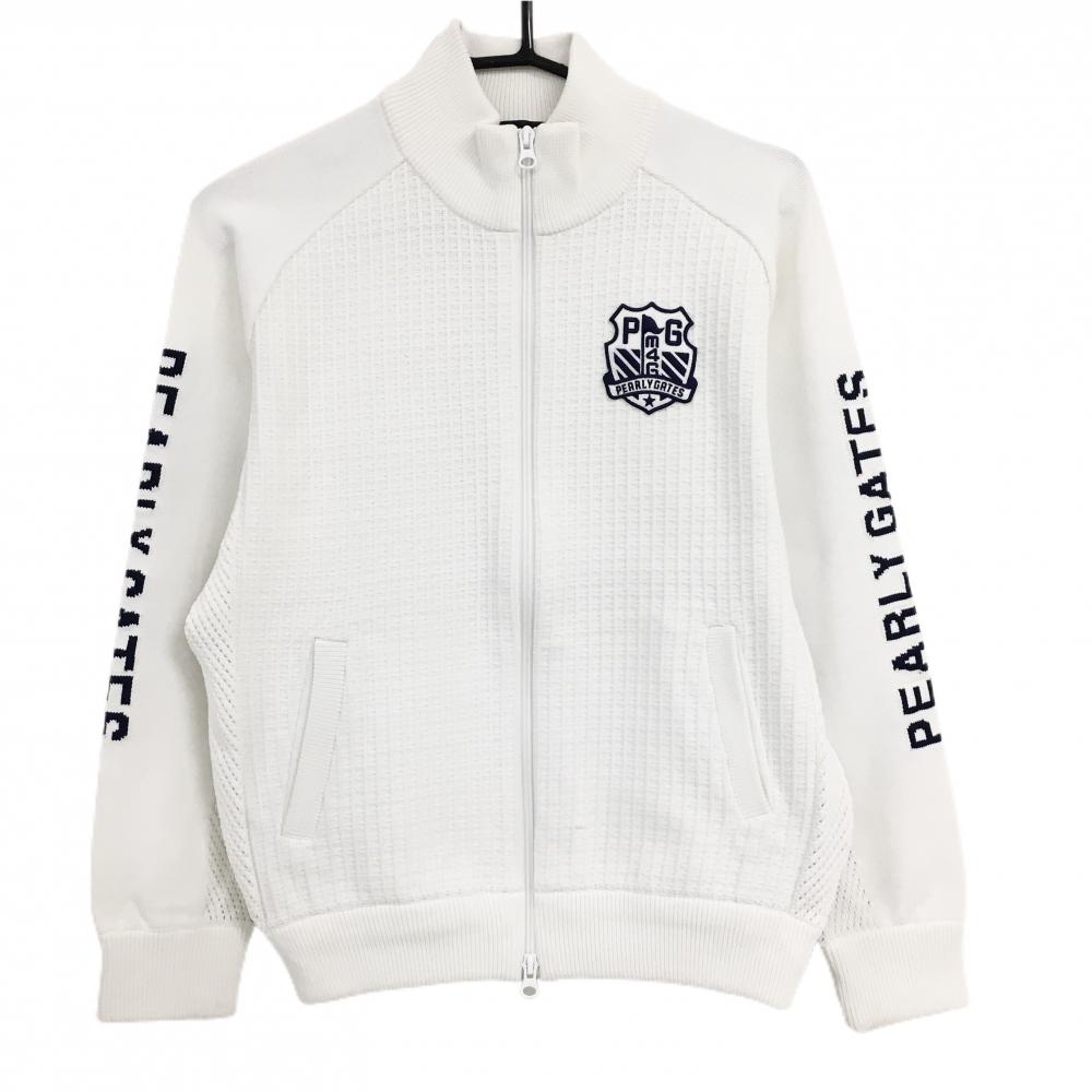 パーリーゲイツ ニットジャケット 白×ネイビー ダブルジップ 一部メッシュ調  レディース 1(M) ゴルフウェア PEARLY GATES