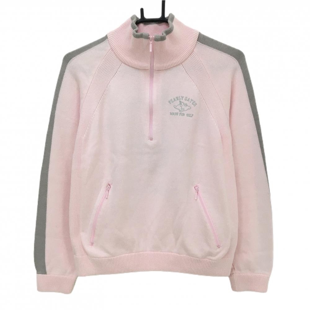 パーリーゲイツ ハイネックセーター ライトピンク×グレー ハーフジップ 後ろロゴ ニット  レディース 1(M) ゴルフウェア PEARLY GATES