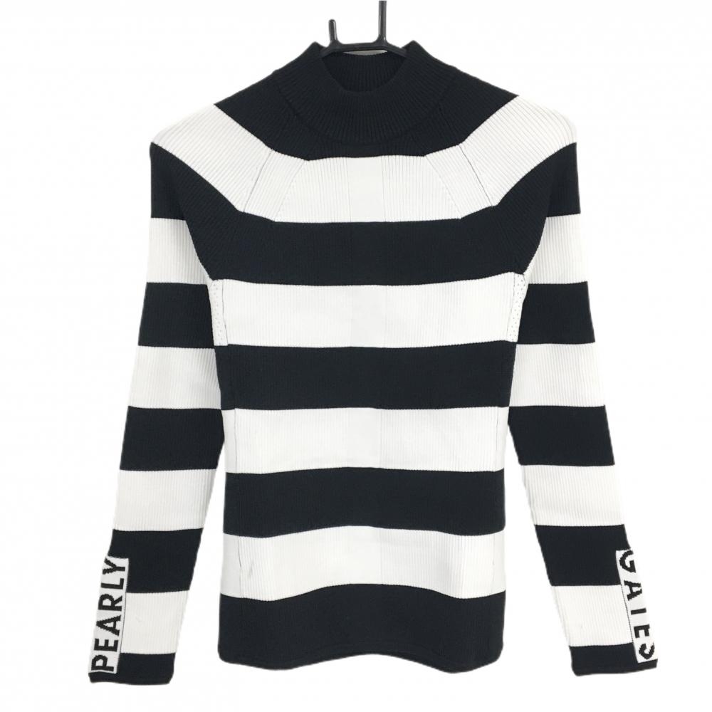 美品】パーリーゲイツ ハイネックセーター 白×黒 ボーダー 袖ロゴ