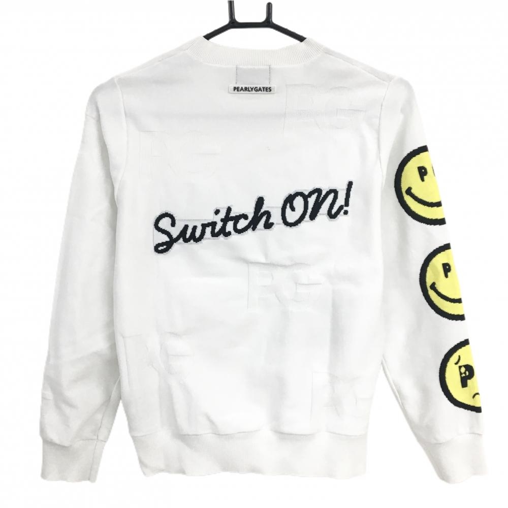 新品　PEARLY GATES サイズ０　トップス　ニコちゃん 美品】パーリーゲイツ セーター 白×イエロー 袖ニコちゃん スマイル 織