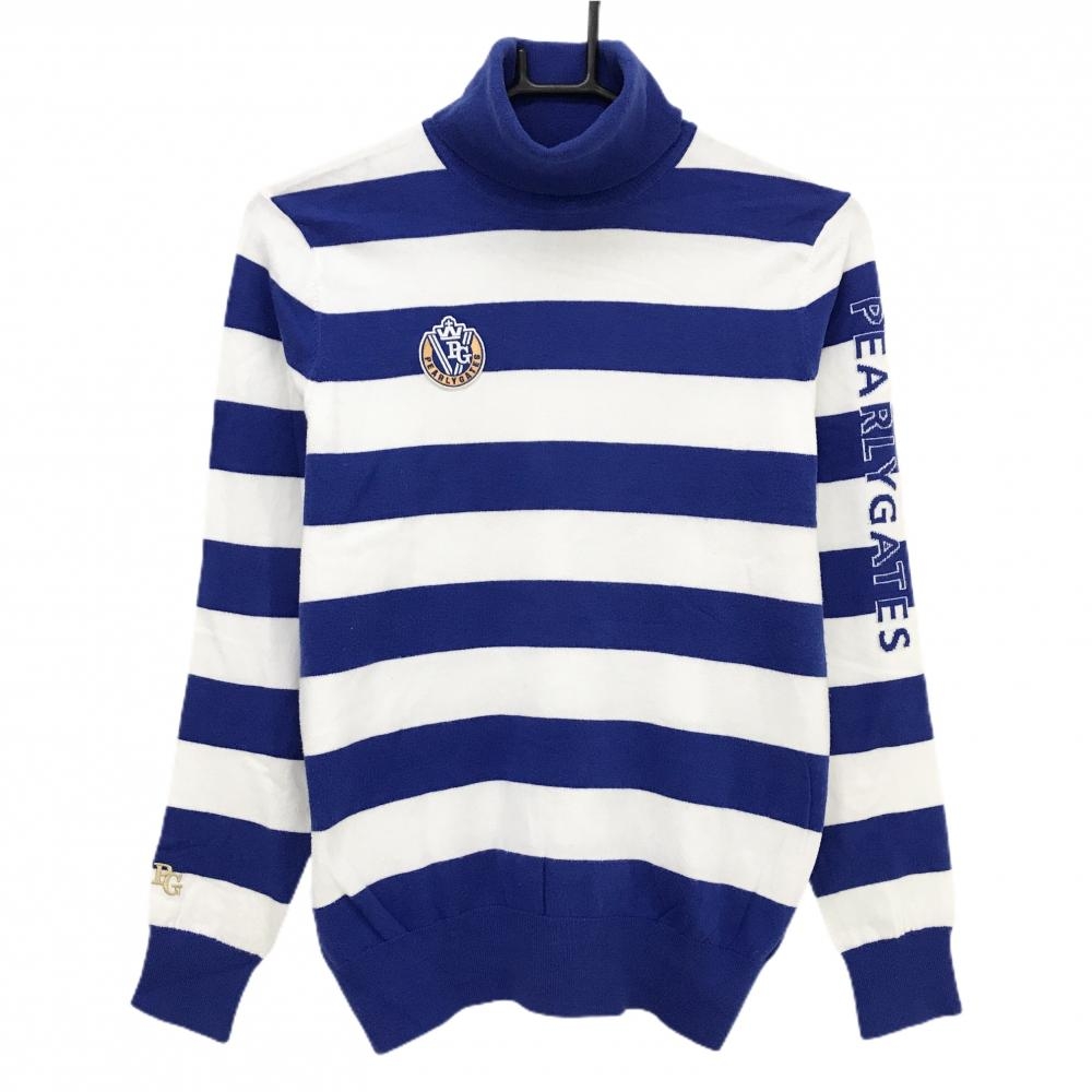 パーリーゲイツ タートルネックセーター 白×ブルー ボーダー 袖ロゴ ニット レディース 1(M) ゴルフウェア PEARLY GATES