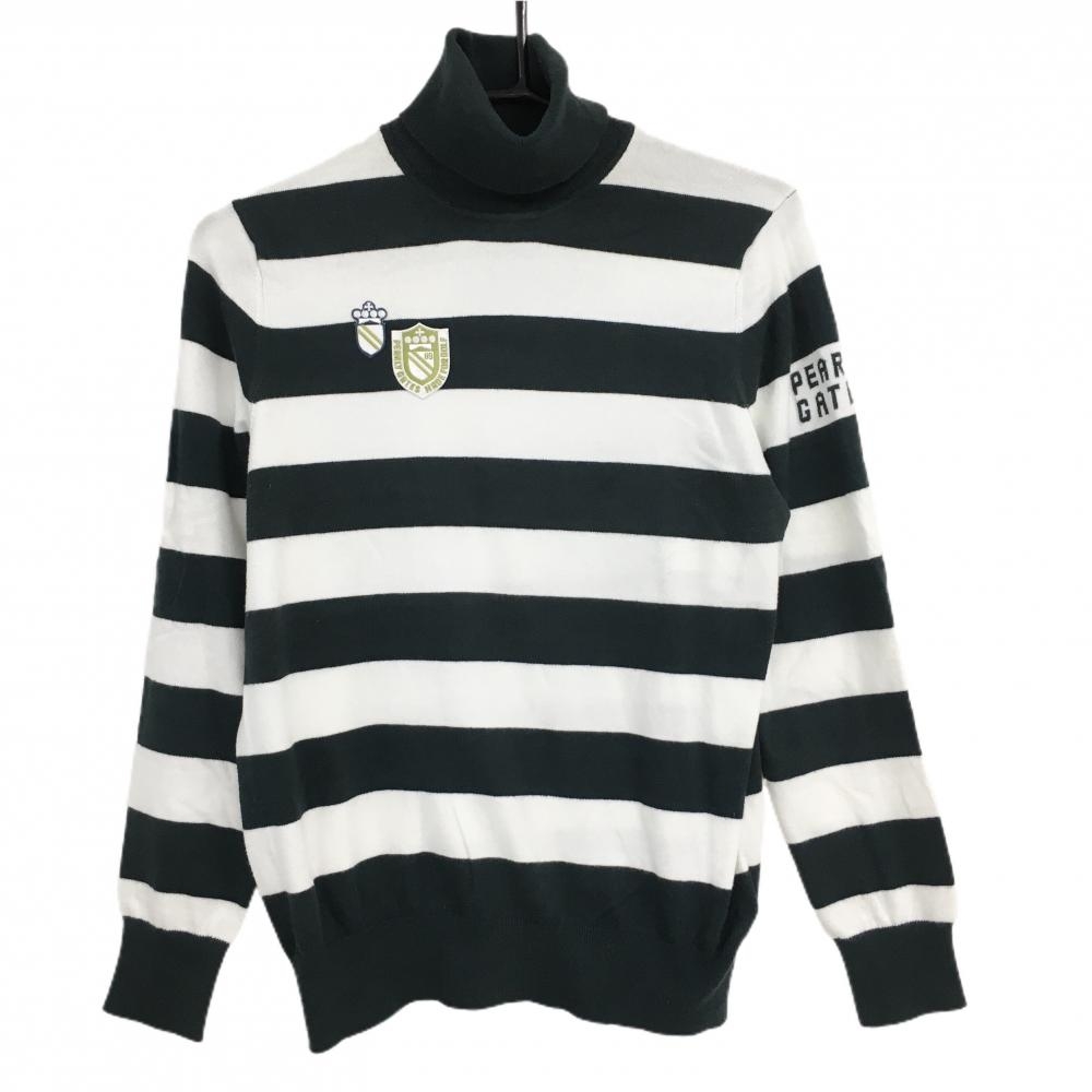 パーリーゲイツ タートルネックセーター 白×ダークグリーン ボーダー 胸ロゴ ニット レディース 1(M) ゴルフウェア PEARLY GATES