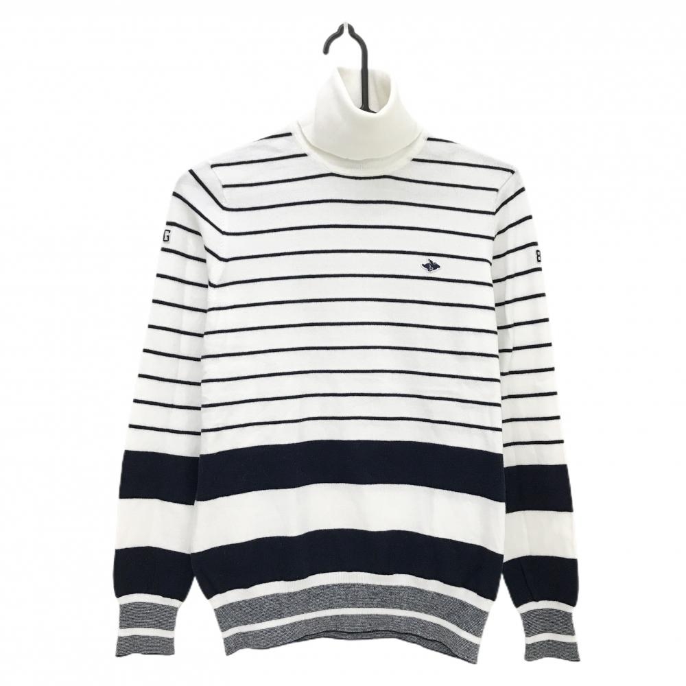パーリーゲイツ タートルネックセーター 白×ダークネイビー ボーダー 胸ロゴ ニット レディース 1(M) ゴルフウェア PEARLY GATES
