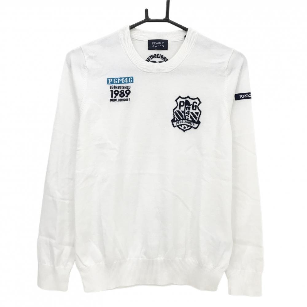 パーリーゲイツ セーター 白×ネイビー 胸ロゴ ニット コットン100％  レディース 1(M) ゴルフウェア PEARLY GATES