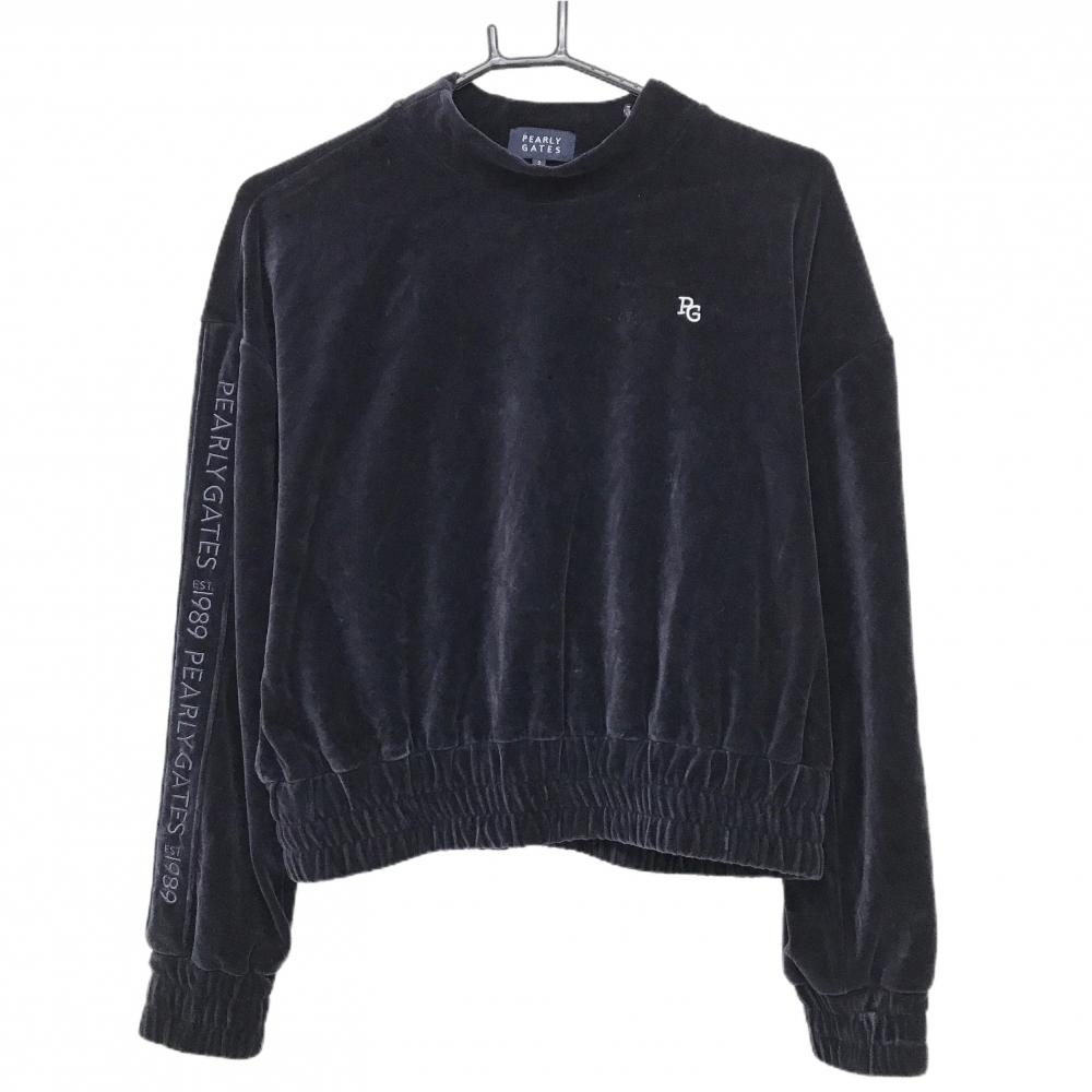 【美品】パーリーゲイツ ハイネックトレーナー ダークネイビー ベロア 袖ロゴ刺しゅう レディース 2(L) ゴルフウェア PEARLY GATES