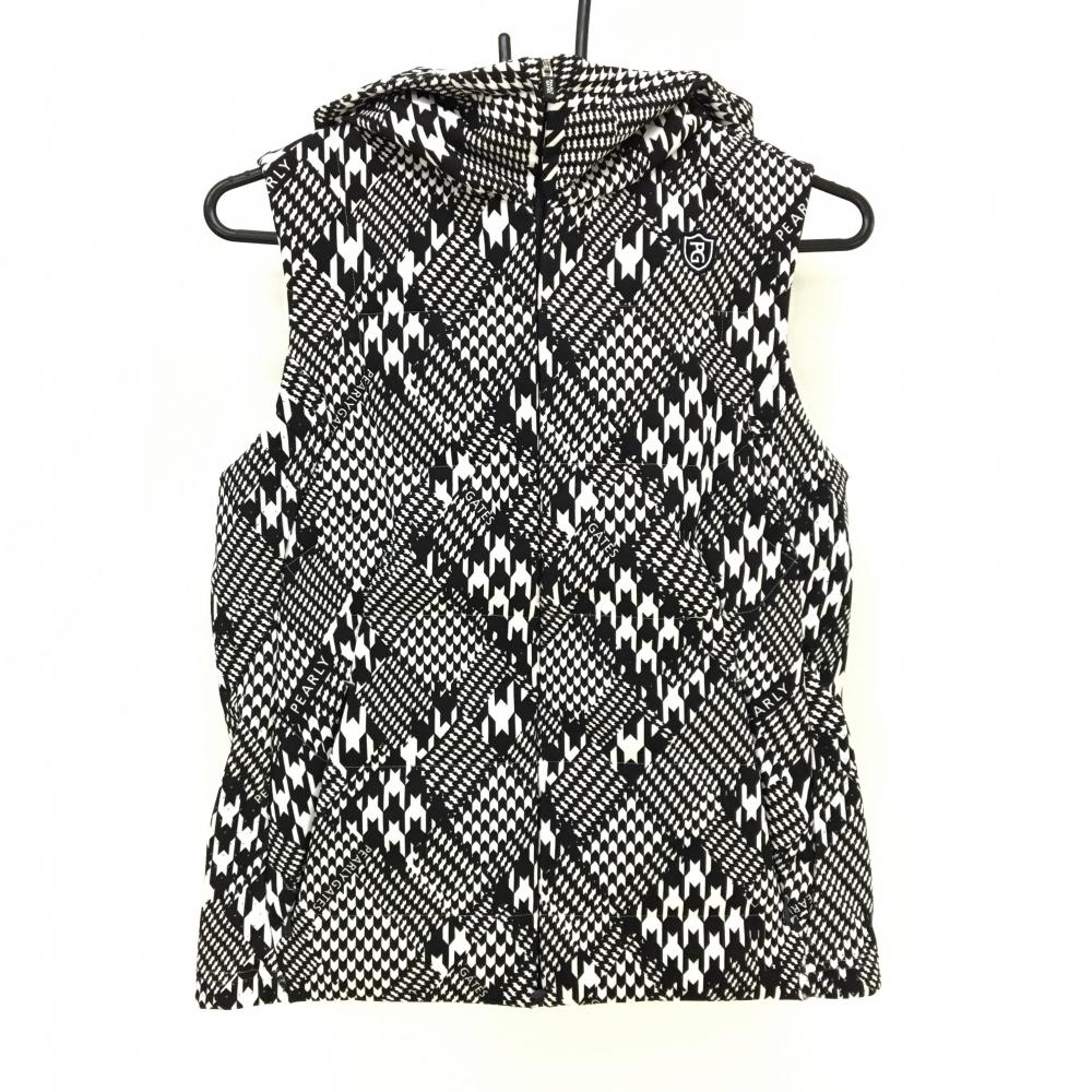 【超美品】パーリーゲイツ フード付中綿ベスト 白×黒 総柄 レディース 0(S) ゴルフウェア 2023年モデル PEARLY GATES