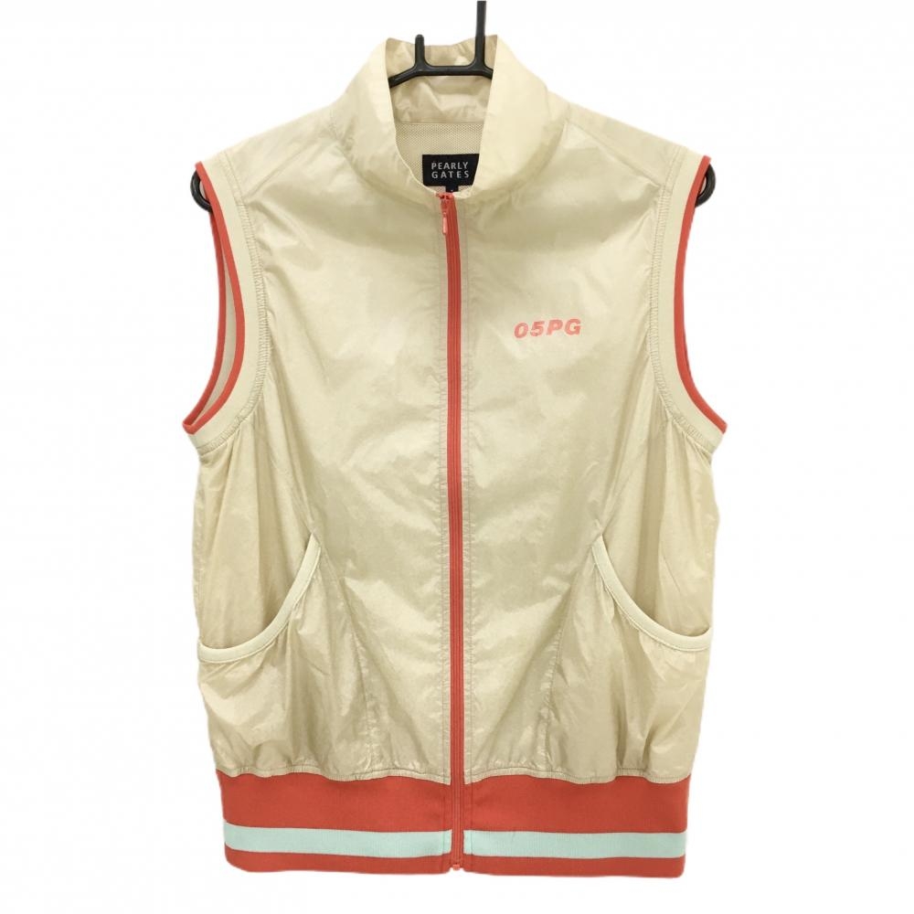 【美品】パーリーゲイツ ナイロンベスト ベージュ×オレンジ ロゴ メッシュ裏地  レディース 1(M) ゴルフウェア PEARLY GATES