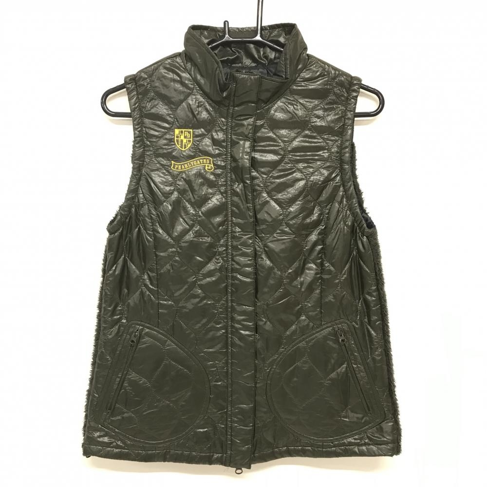パーリーゲイツ 中綿切替ベスト カーキ 背面ボア ロゴイエロー  レディース 1(M) ゴルフウェア PEARLY GATES