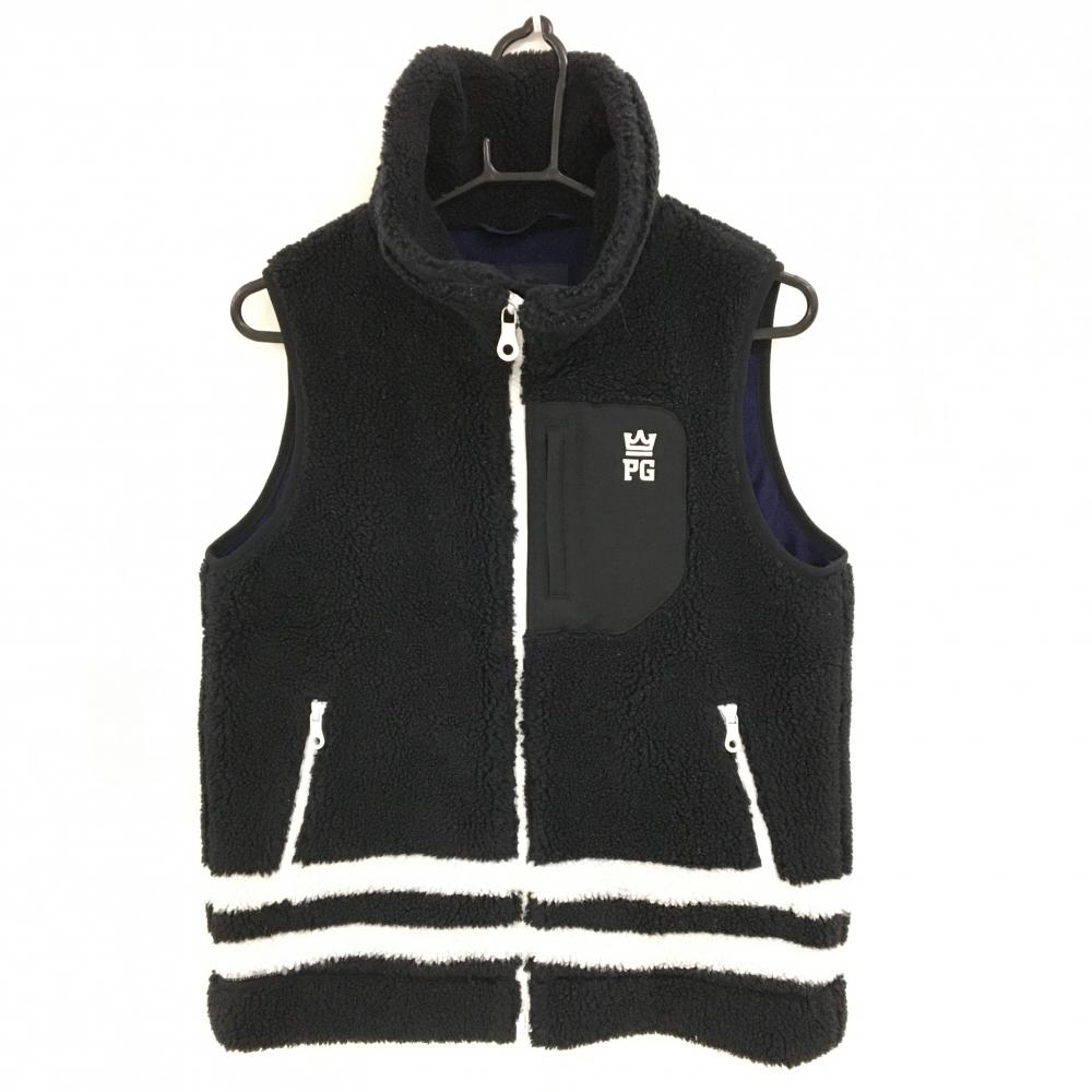 【美品】パーリーゲイツ ボアベスト 黒×白 裏微起毛 裾ライン 3ポケット  レディース 1(M) ゴルフウェア PEARLY GATES