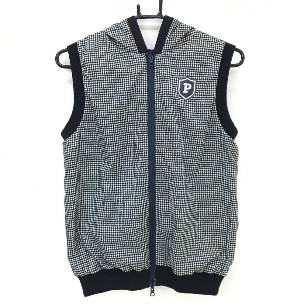 【超美品】パーリーゲイツ リバーシブルアウターベスト 黒×白 千鳥格子風 片面ニット レディース 1(M) ゴルフウェア PEARLY GATES