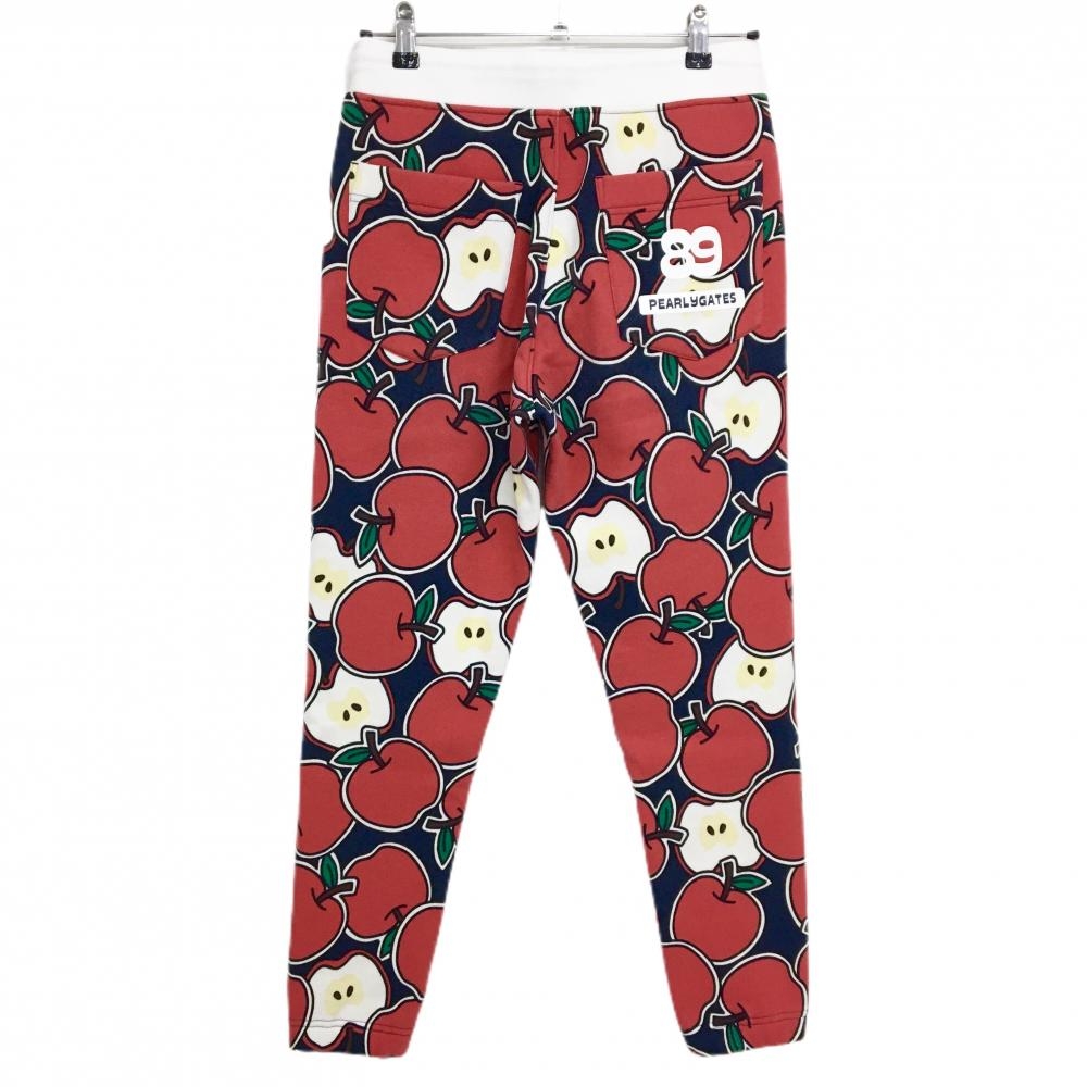 美品】パーリーゲイツ ジョガーパンツ レッド×ネイビー×白 リンゴ総柄
