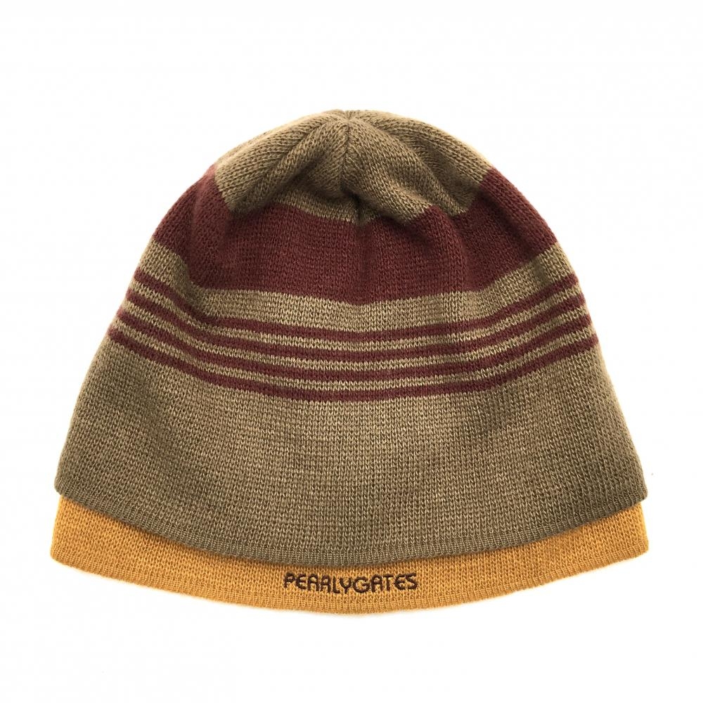 【美品】パーリーゲイツ ニット帽 ブラウン×オレンジ×ボルドー 一部ライン ウール混 レディース FR ゴルフウェア PEARLY GATES