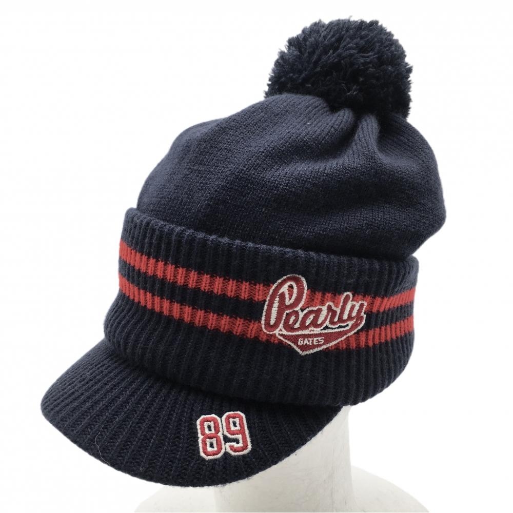 【美品】パーリーゲイツ つば付ニット帽 ネイビー×レッド ライン 裏フリース ウール混 レディース FR ゴルフウェア PEARLY GATES