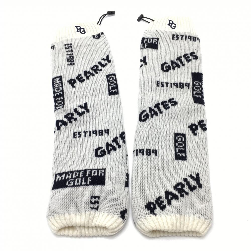 【超美品】パーリーゲイツ ニットレッグウォーマー 白×黒 ロゴ総柄 ドローコード レディース FR ゴルフウェア PEARLY GATES